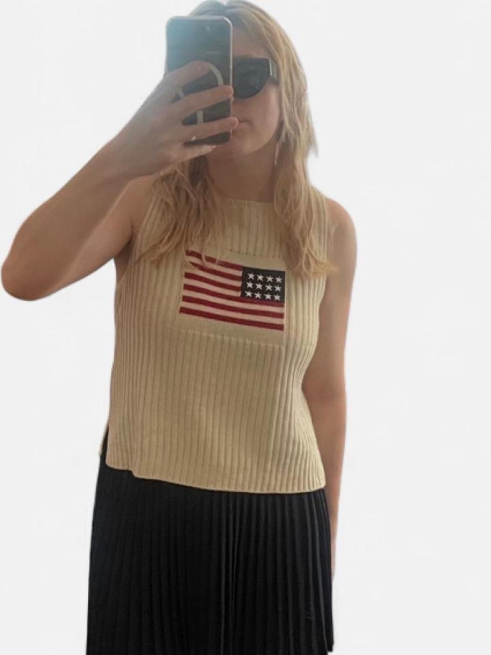 Sleeveless Ribbed Knit Tank with American Flag L
